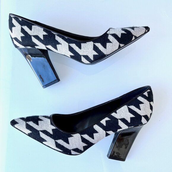Vintage Nine West Fabric Houndstooth Architectural Patent Leather Heel M… - Picture 13 of 16
